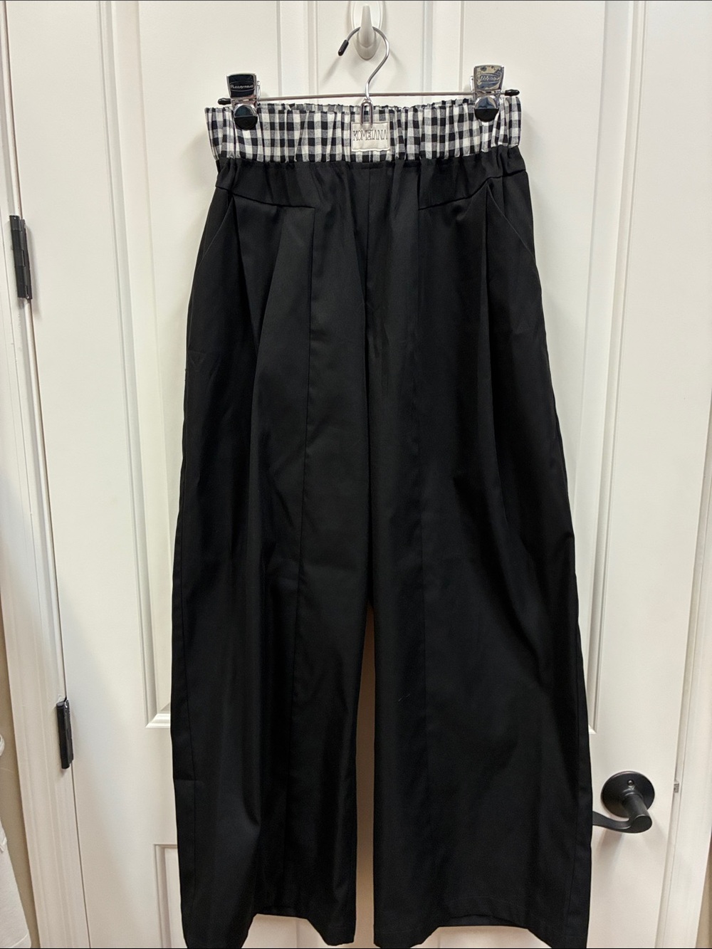 Black Wide-Leg Trousers with Gingham Waistband